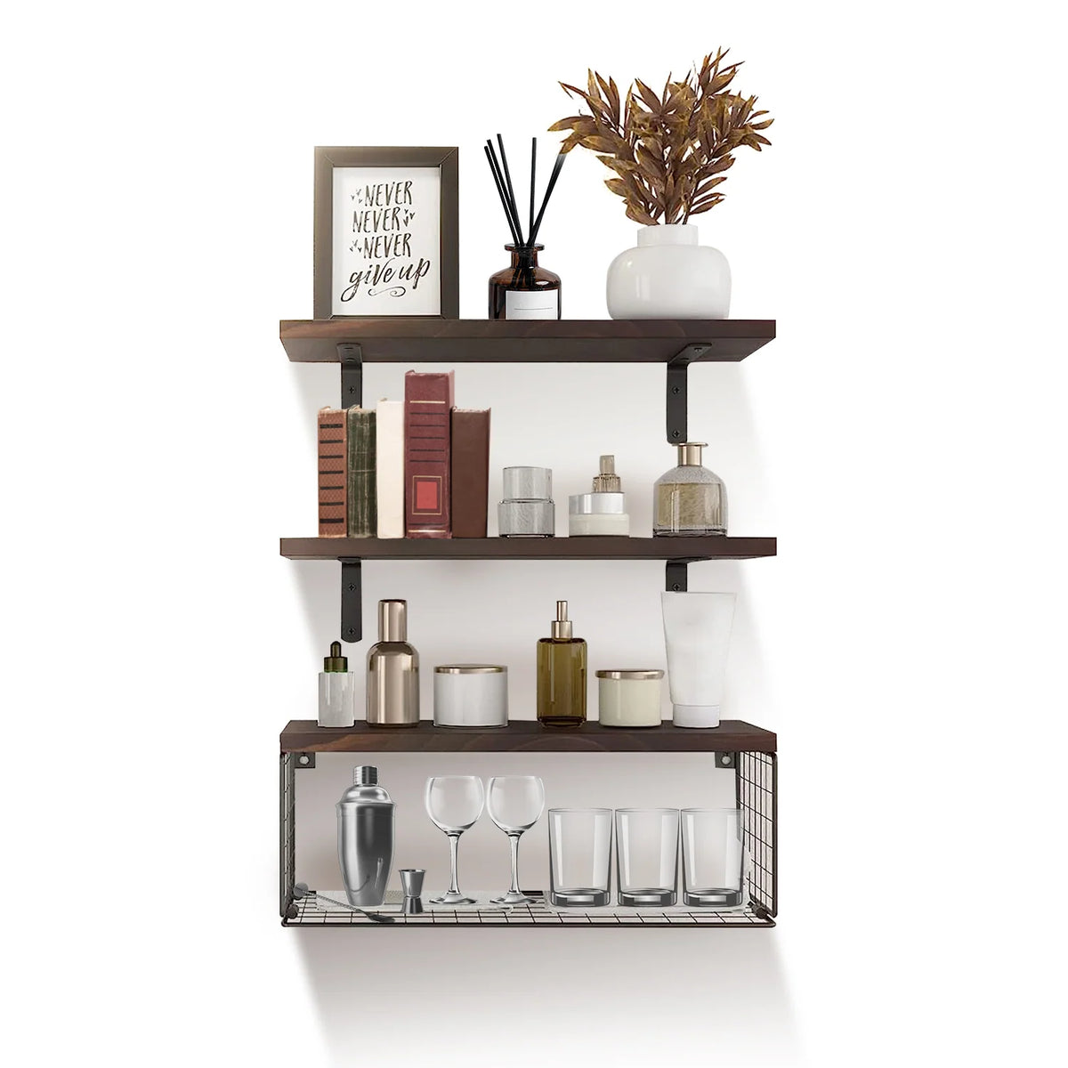 Floating Shelves | Wall-Mounted With Storage Basket | 4-Piece Set