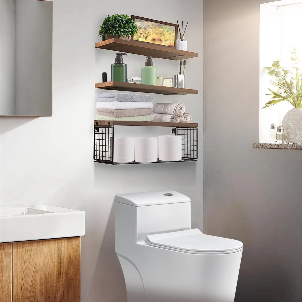 Floating Shelves | Wall-Mounted With Storage Basket | 4-Piece Set
