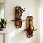 Floating Wall Shelf | Curved Grooved Back & Warm Walnut Finish | Set of 2