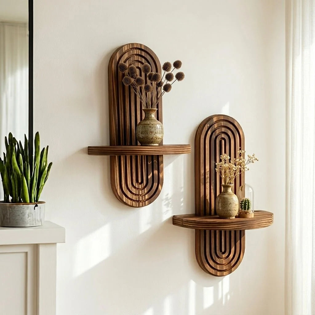 Floating Wall Shelf | Curved Grooved Back & Warm Walnut Finish | Set of 2