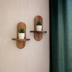Floating Wall Shelf | Curved Grooved Back & Warm Walnut Finish | Set of 2