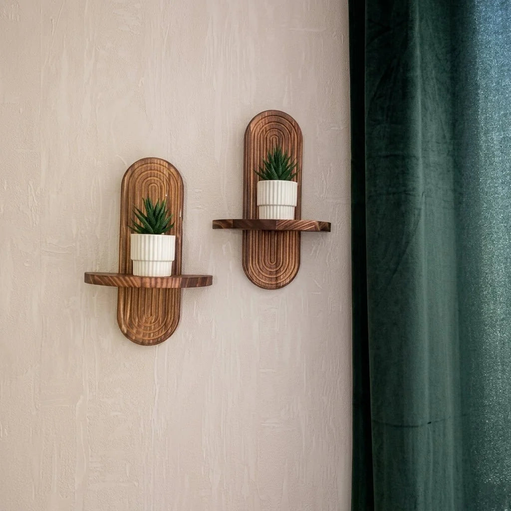 Floating Wall Shelf | Curved Grooved Back & Warm Walnut Finish | Set of 2