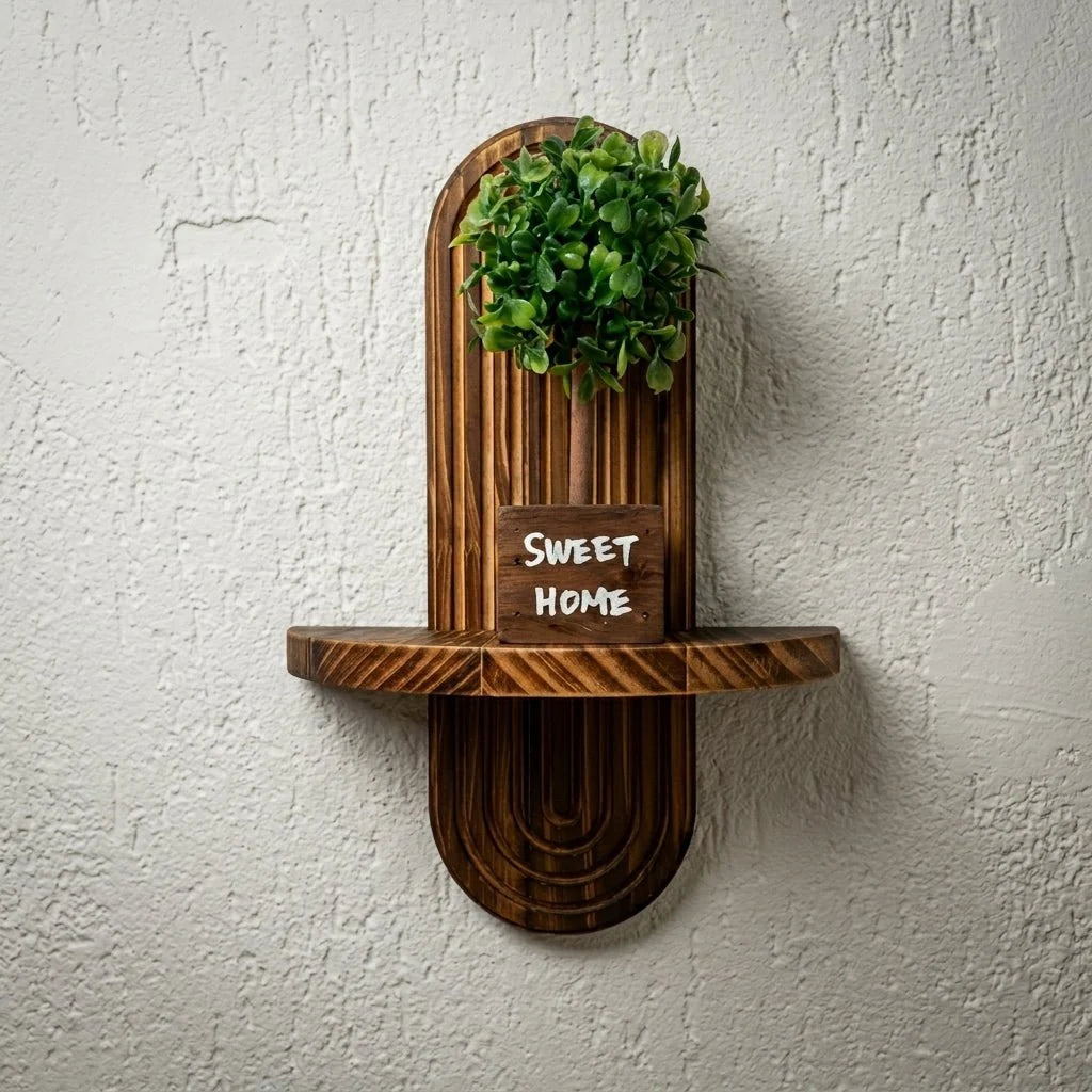 Floating Wall Shelf | Curved Grooved Back & Warm Walnut Finish | Set of 2