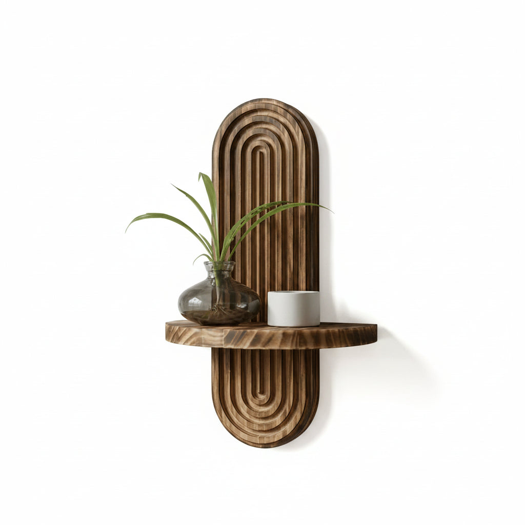 Floating Wall Shelf | Curved Grooved Back & Warm Walnut Finish | Set of 2