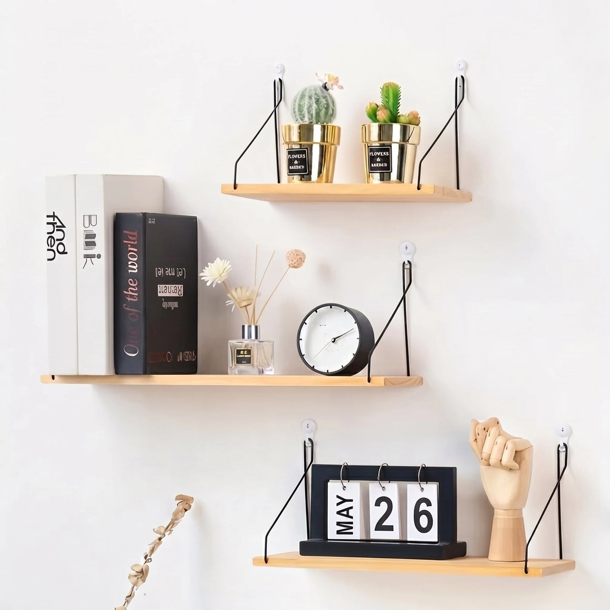 Floating Wall Shelf | Natural Wood & Angled Metal Bracket