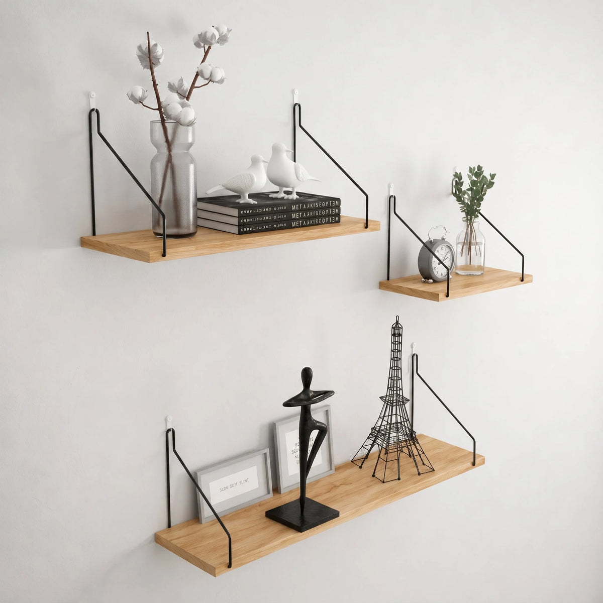 Floating Wall Shelf | Natural Wood & Angled Metal Bracket