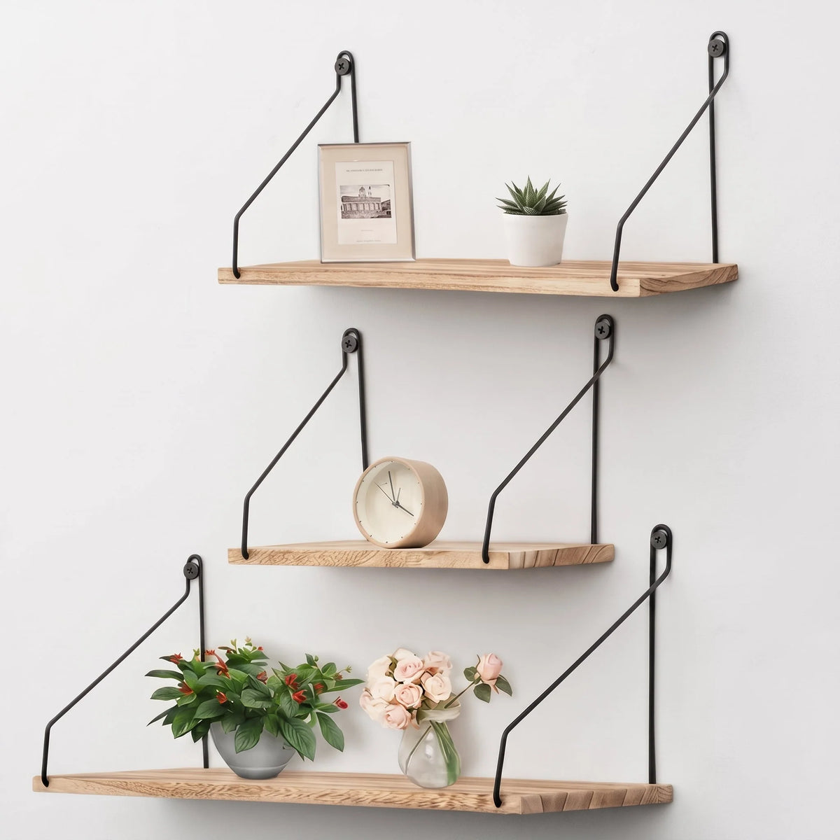 Floating Wall Shelf | Natural Wood & Angled Metal Bracket