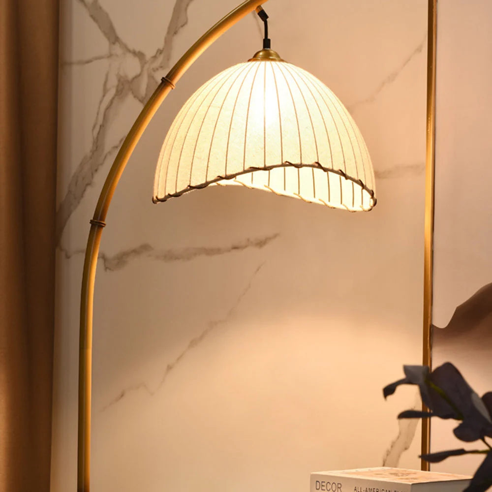 Floor Lamp | Bamboo-Style Metal & Fabric Shade | Warm LED Included