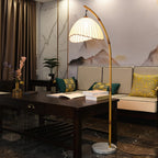 Floor Lamp | Bamboo-Style Metal & Fabric Shade | Warm LED Included