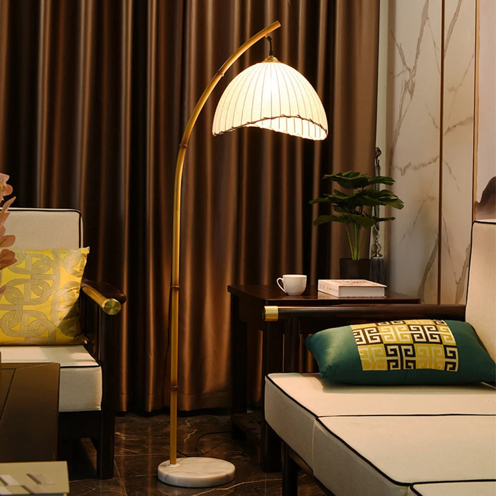 Floor Lamp | Bamboo-Style Metal & Fabric Shade | Warm LED Included