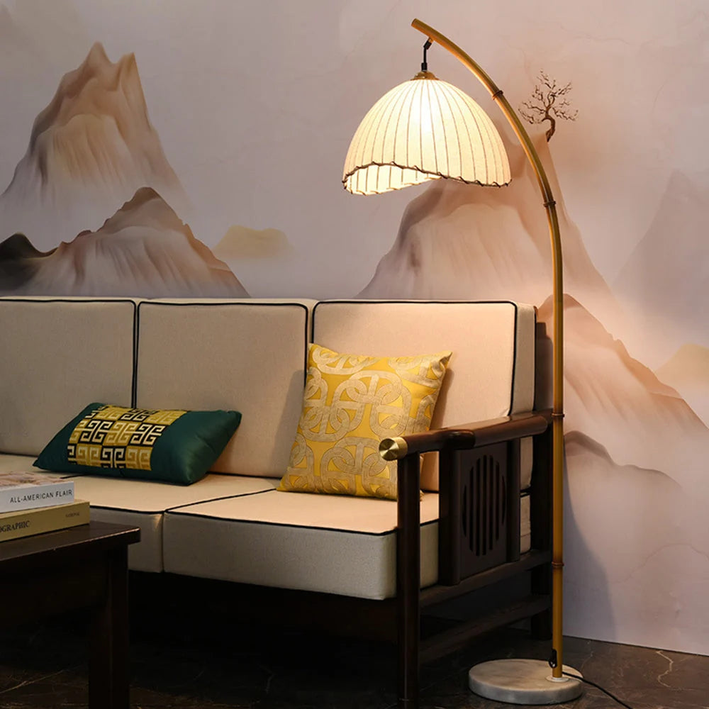 Floor Lamp | Bamboo-Style Metal & Fabric Shade | Warm LED Included