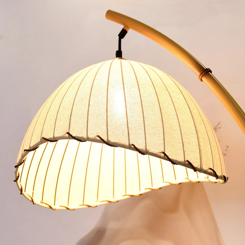 Floor Lamp | Bamboo-Style Metal & Fabric Shade | Warm LED Included