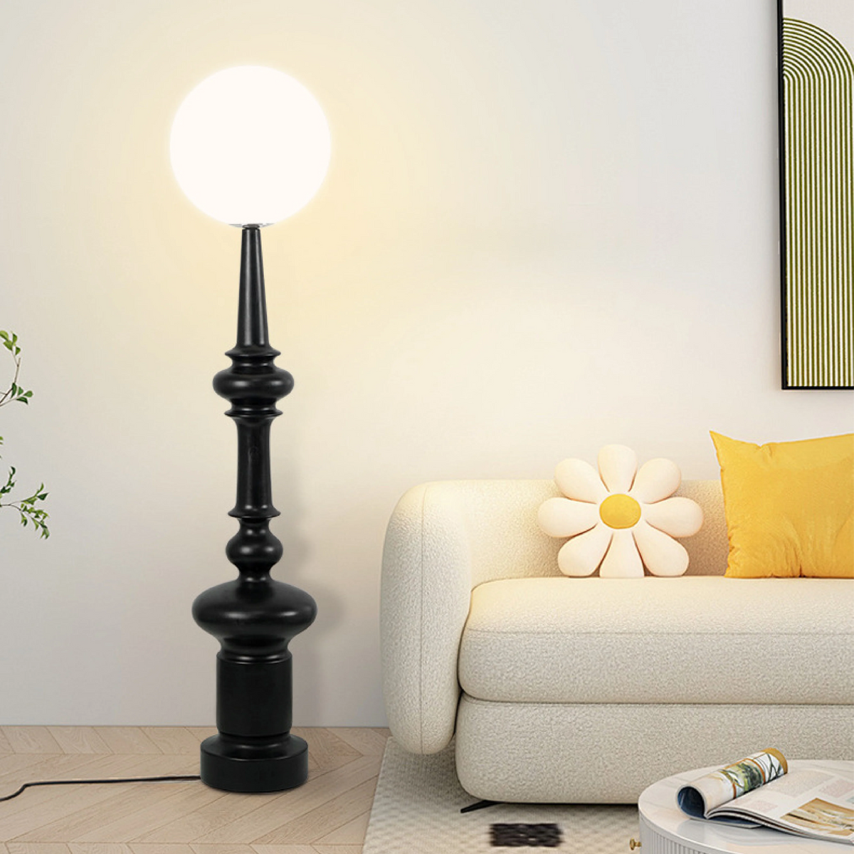Floor Lamp | Bauhaus Sculptural & Matte-Black Glass Globe | 136 cm Height