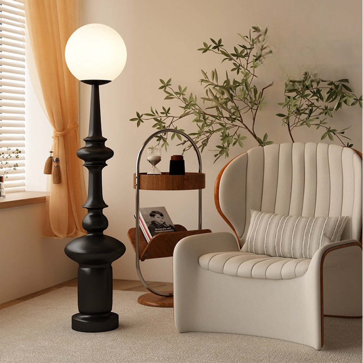Floor Lamp | Bauhaus Sculptural & Matte-Black Glass Globe | 136 cm Height