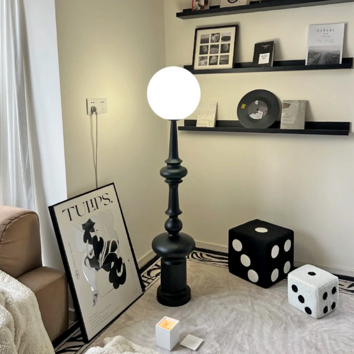 Floor Lamp | Bauhaus Sculptural & Matte-Black Glass Globe | 136 cm Height