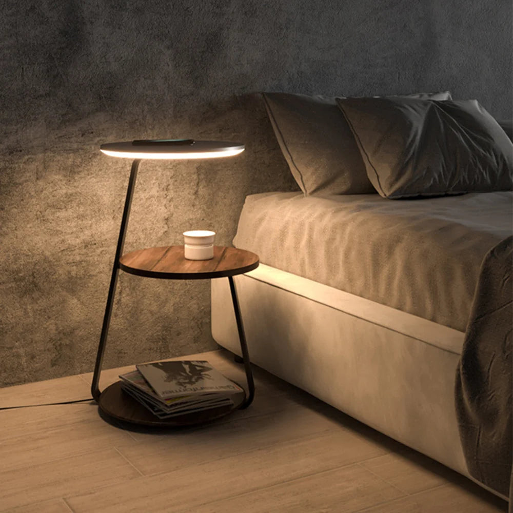 Floor Lamp | Natural Wood Table Shelf | 3-Color LED