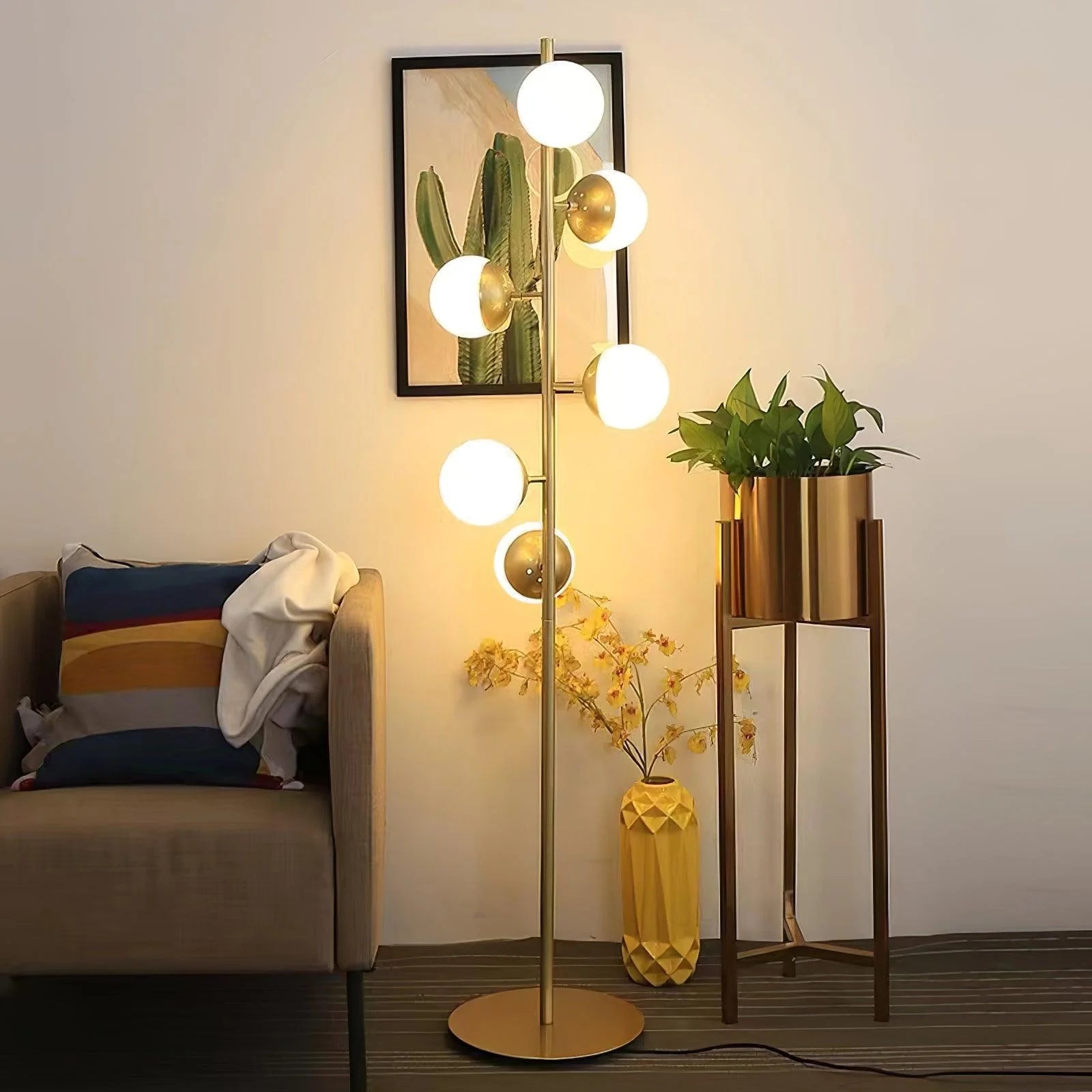 Floor Lamp | Multi-Arm Metal Frame & Glass Globe Shades | Plug-In