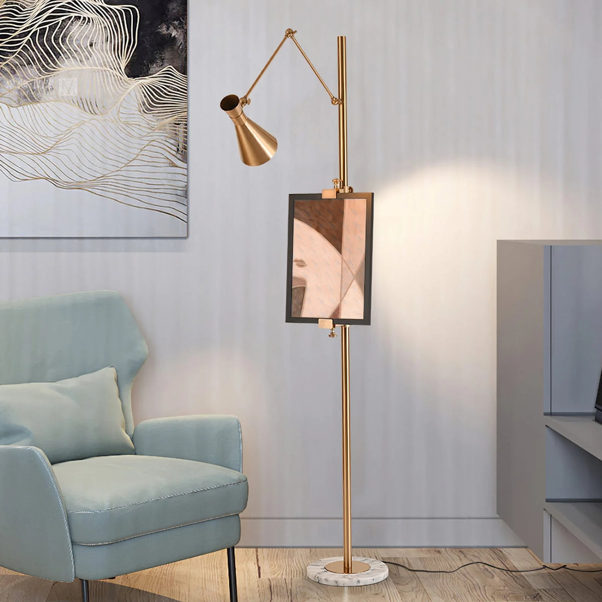 Floor Light | Sculptural Gold Frame & White Marble Base
