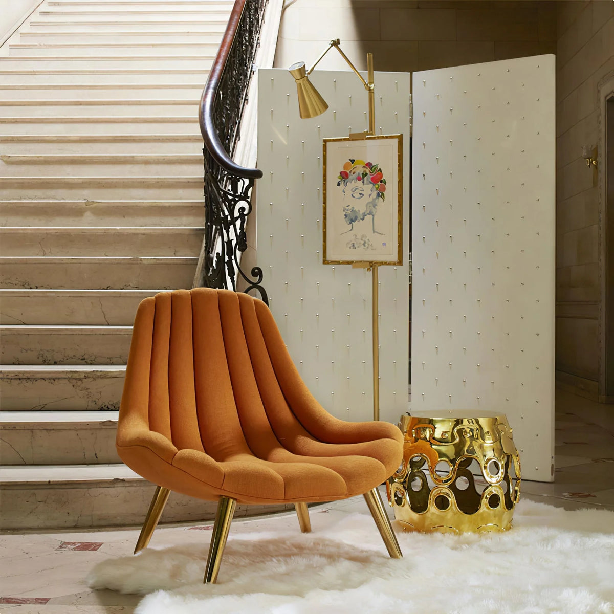 Floor Light | Sculptural Gold Frame & White Marble Base