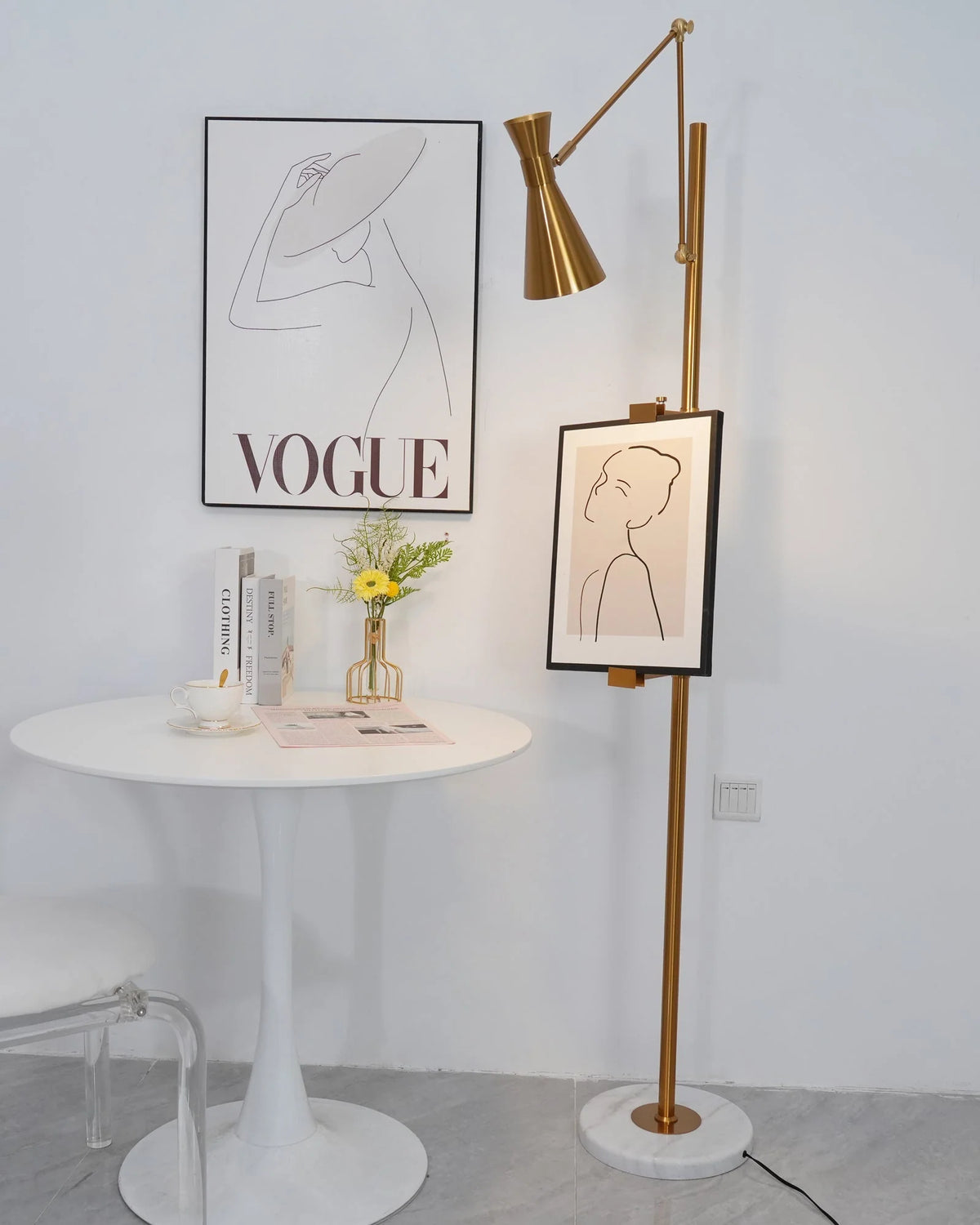 Floor Light | Sculptural Gold Frame & White Marble Base