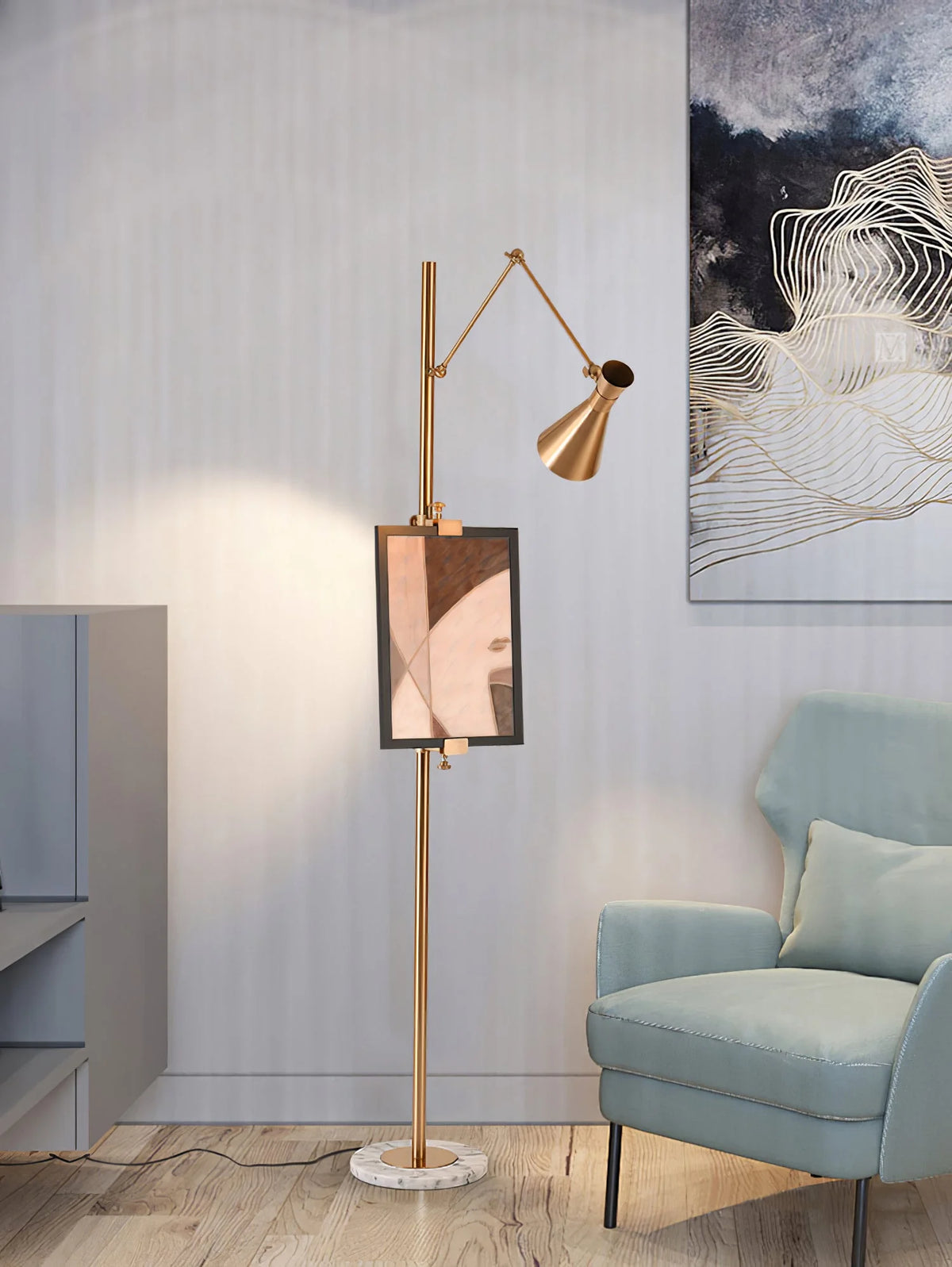 Floor Light | Sculptural Gold Frame & White Marble Base
