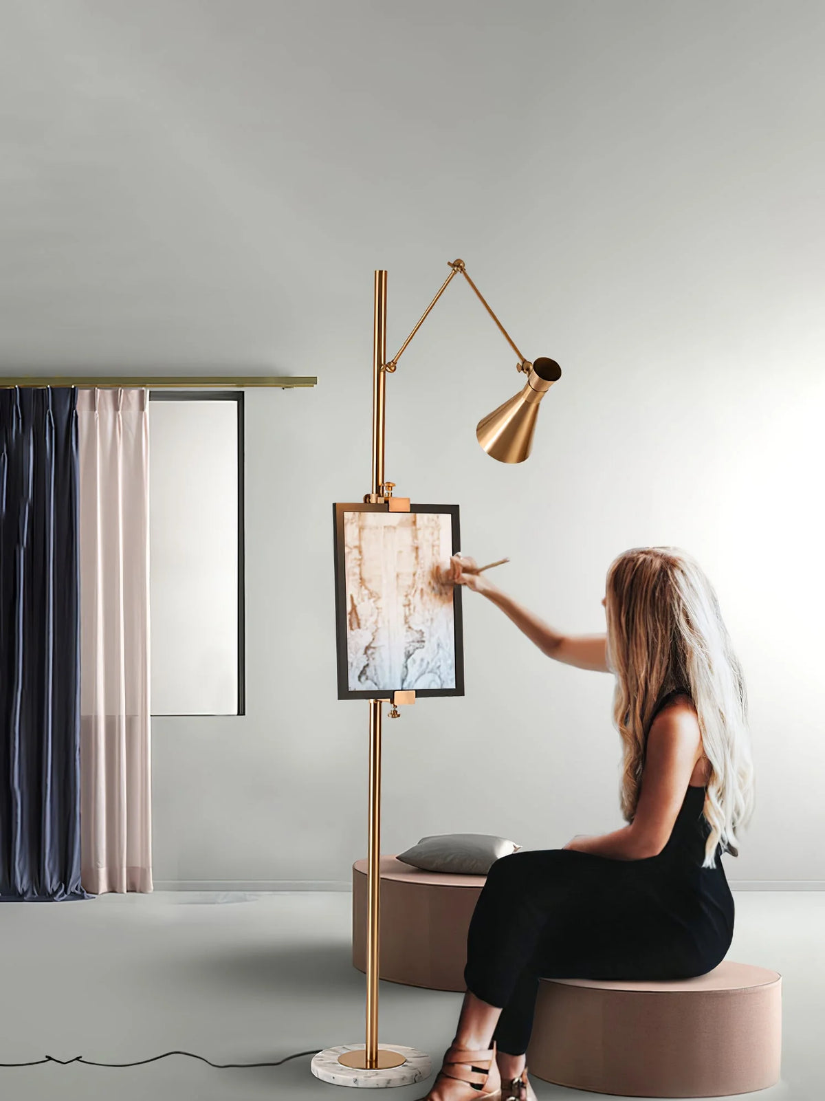 Floor Light | Sculptural Gold Frame & White Marble Base