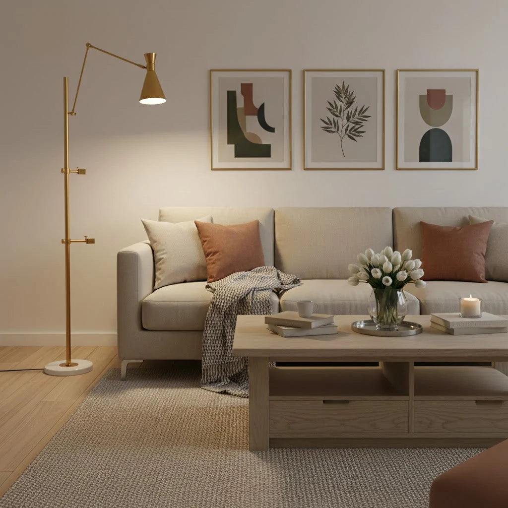 Floor Light | Sculptural Gold Frame & White Marble Base