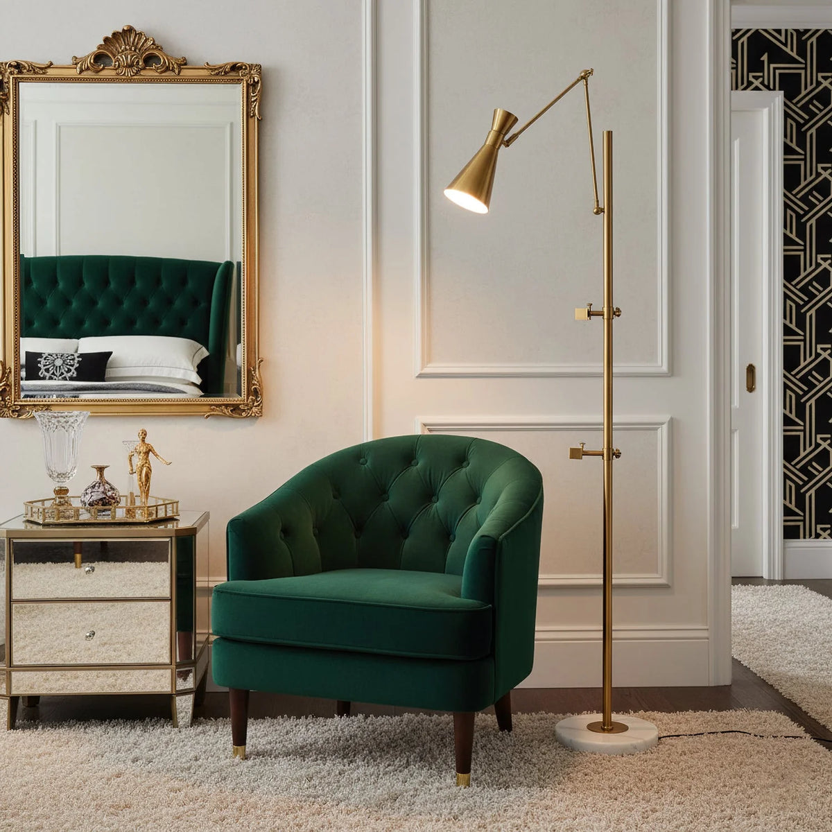 Floor Light | Sculptural Gold Frame & White Marble Base