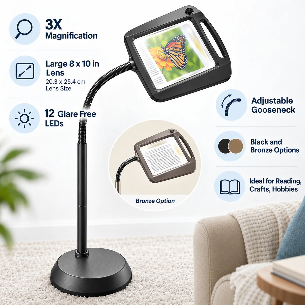 Floor Magnifying Lamp | 3x Magnification & Glare-Free LEDs | 8 x 10 In Lens