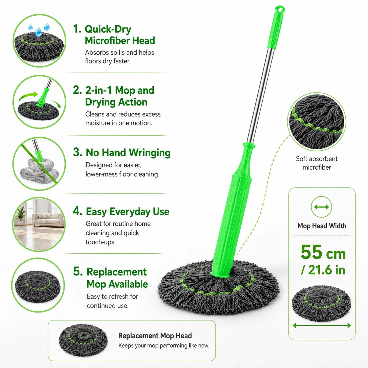 Floor Mop | 2-in-1 Quick-Dry & No-Bend Handle