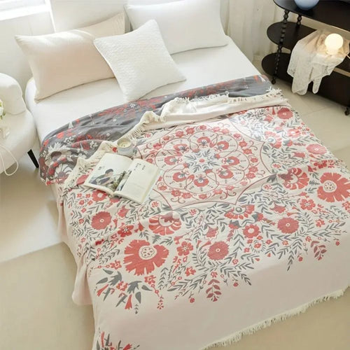 Bed Blanket | Reversible Floral Motifs | Woven Cotton