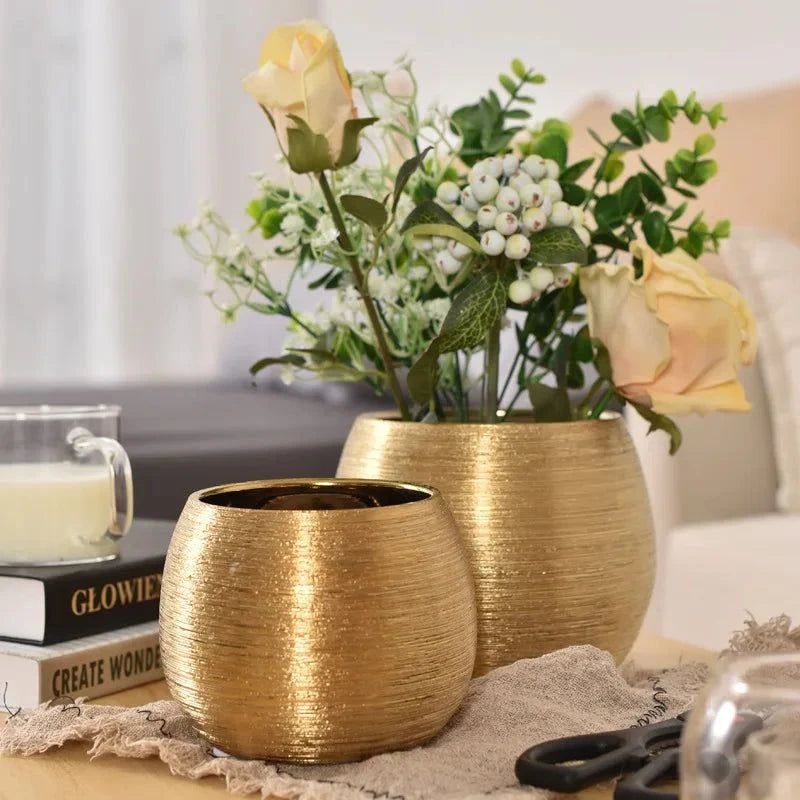 Flower Pot | Gold-Plated Textured Ceramic | Tabletop Decor