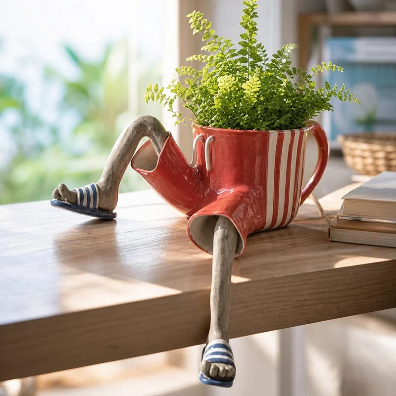 Flower Pot | Sitting Legs Figurine & Hidden Drainage | Fits Small To Medium Plants