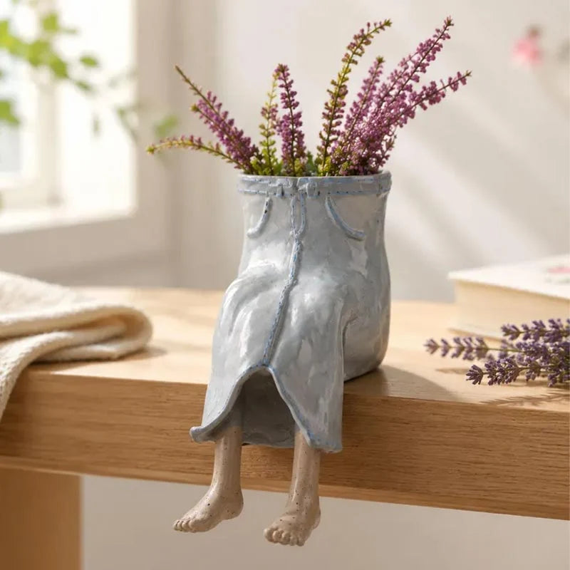 Flower Pot | Sitting Legs Figurine & Hidden Drainage | Fits Small To Medium Plants