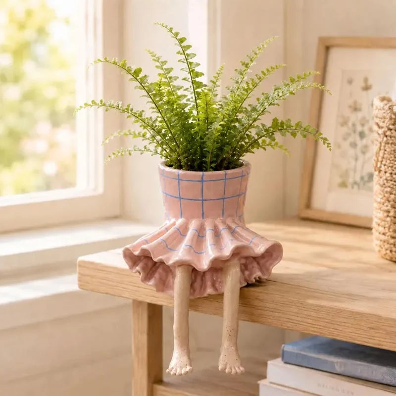 Flower Pot | Sitting Legs Figurine & Hidden Drainage | Fits Small To Medium Plants