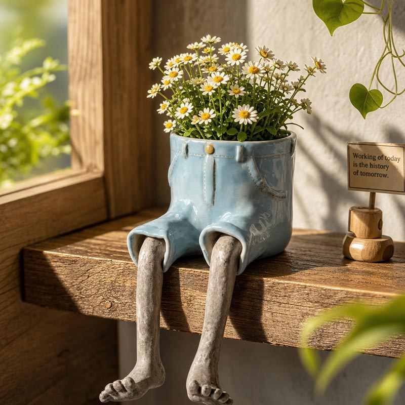 Flower Pot | Sitting Legs Figurine & Hidden Drainage | Fits Small To Medium Plants