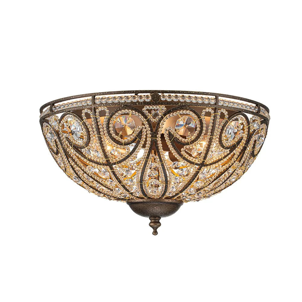 Flush Mount Ceiling Light | 3-Light Antique Bronze & Crystal | 13 in
