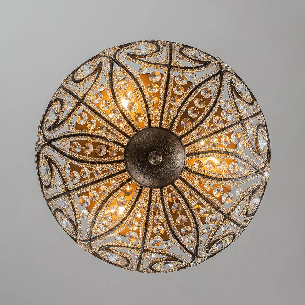 Flush Mount Ceiling Light | 3-Light Antique Bronze & Crystal | 13 in
