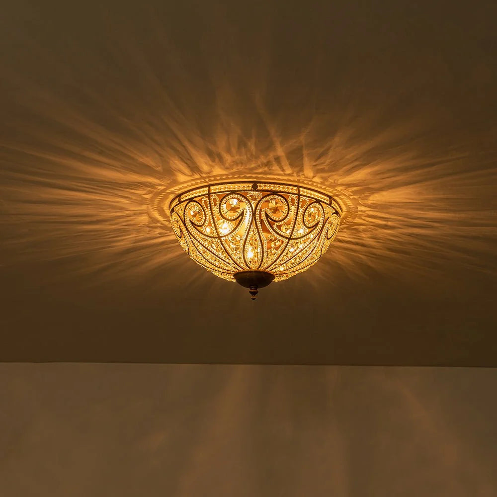 Flush Mount Ceiling Light | 3-Light Antique Bronze & Crystal | 13 in
