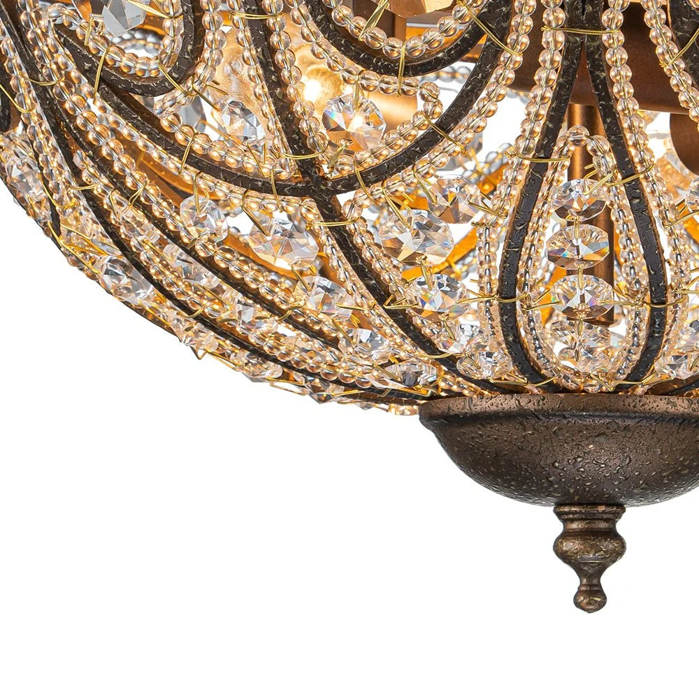 Flush Mount Ceiling Light | 3-Light Antique Bronze & Crystal | 13 in