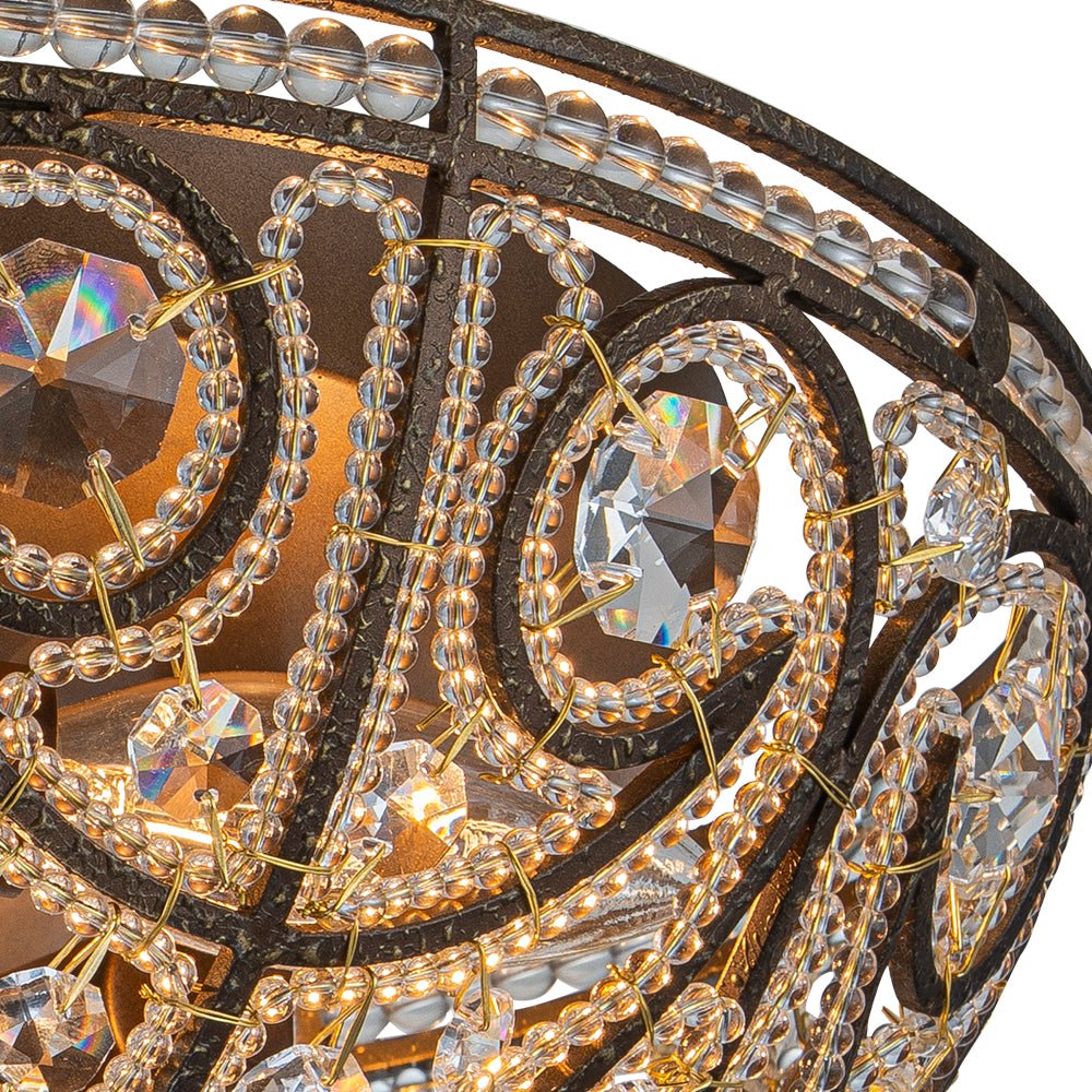 Flush Mount Ceiling Light | 3-Light Antique Bronze & Crystal | 13 in