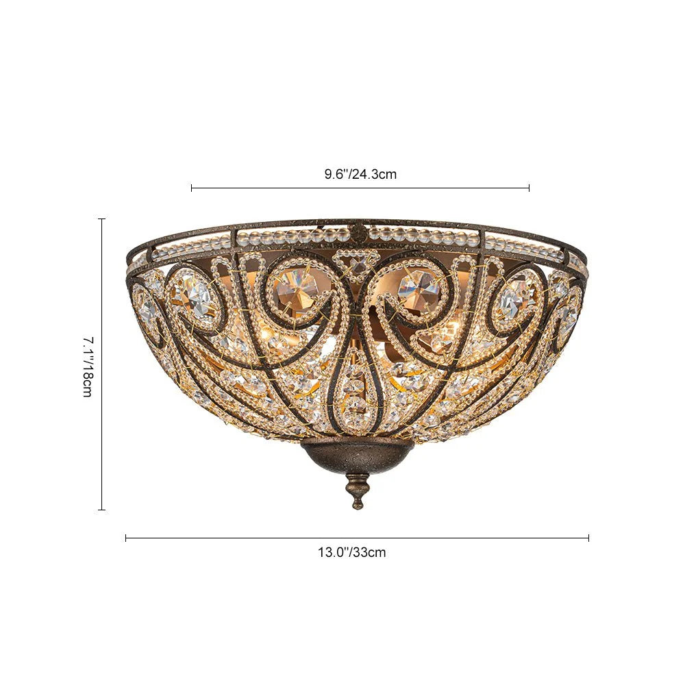 Flush Mount Ceiling Light | 3-Light Antique Bronze & Crystal | 13 in