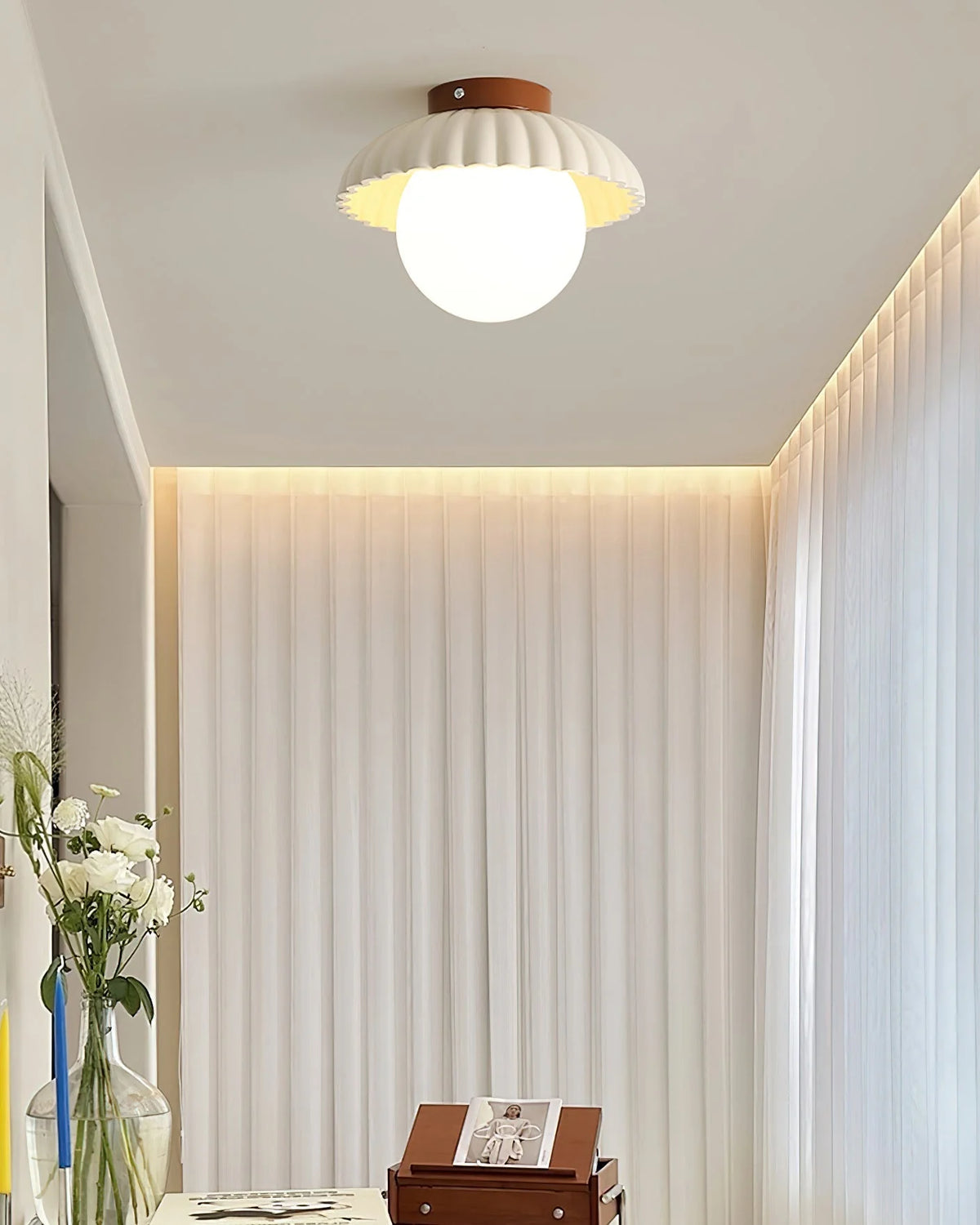 Flush Mount Ceiling Light | Scalloped Metal & Opal Glass | Hardwired & Dimmable