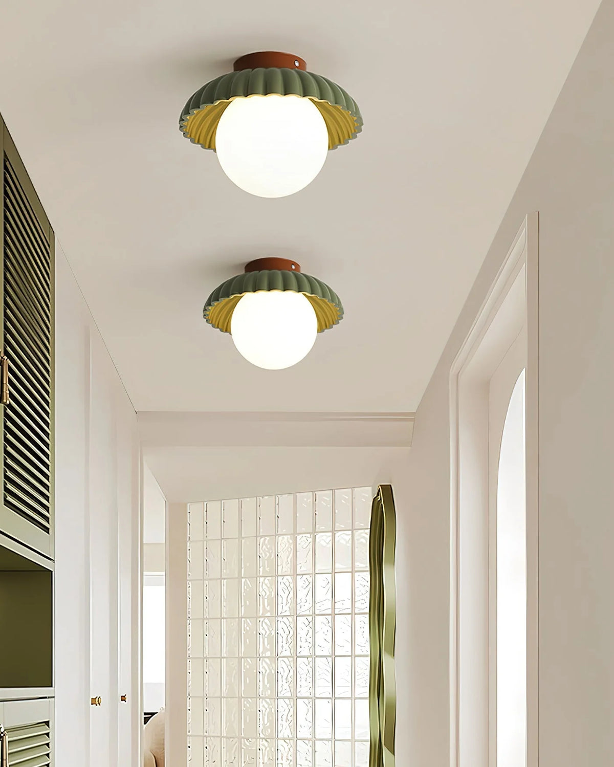 Flush Mount Ceiling Light | Scalloped Metal & Opal Glass | Hardwired & Dimmable