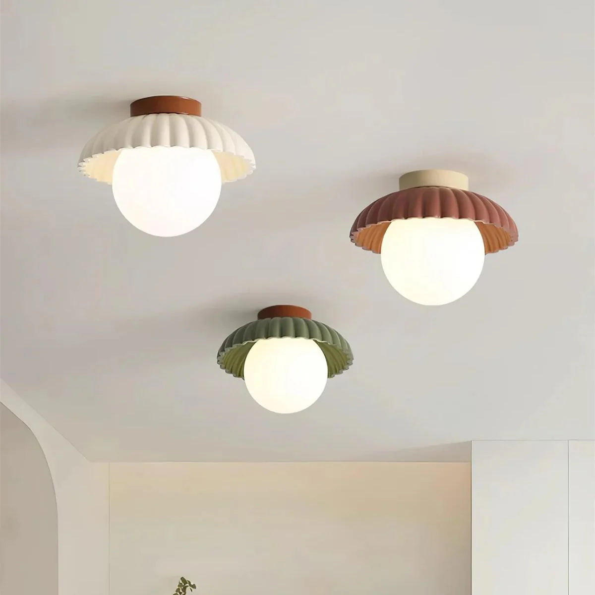 Flush Mount Ceiling Light | Scalloped Metal & Opal Glass | Hardwired & Dimmable