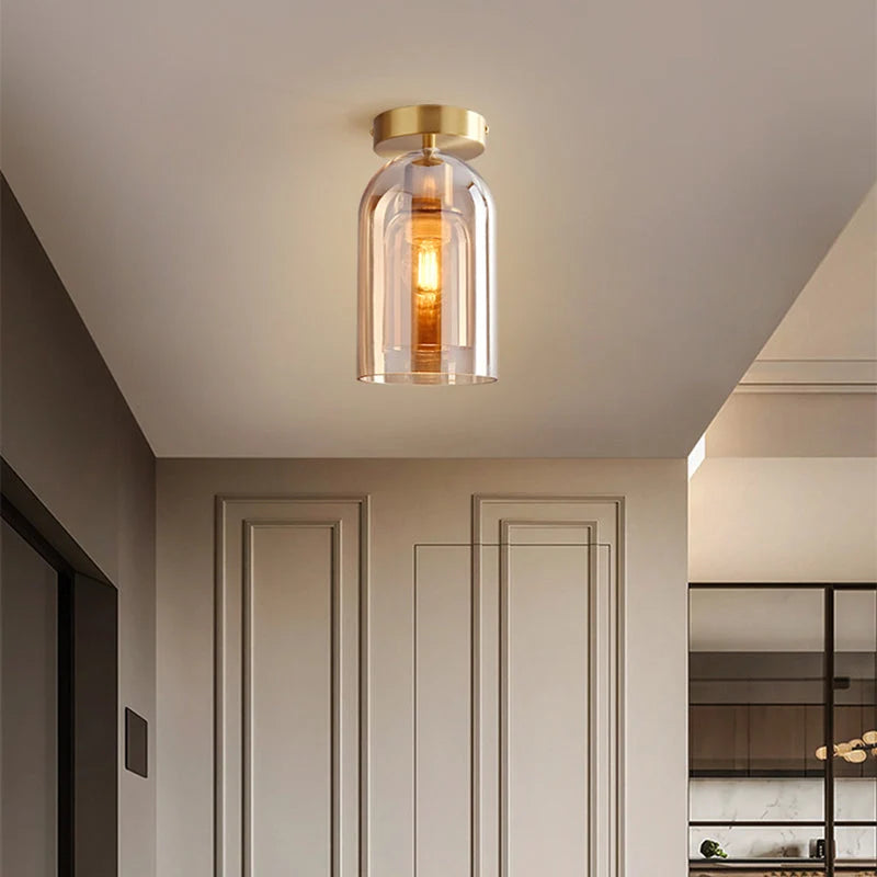 Ceiling Light | Cylinder Glass Shade & Copper Fixture | 3-Color LED Bulb