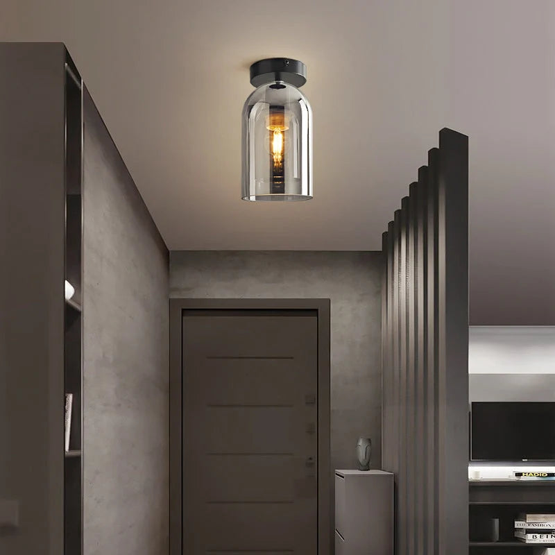 Ceiling Light | Cylinder Glass Shade & Copper Fixture | 3-Color LED Bulb