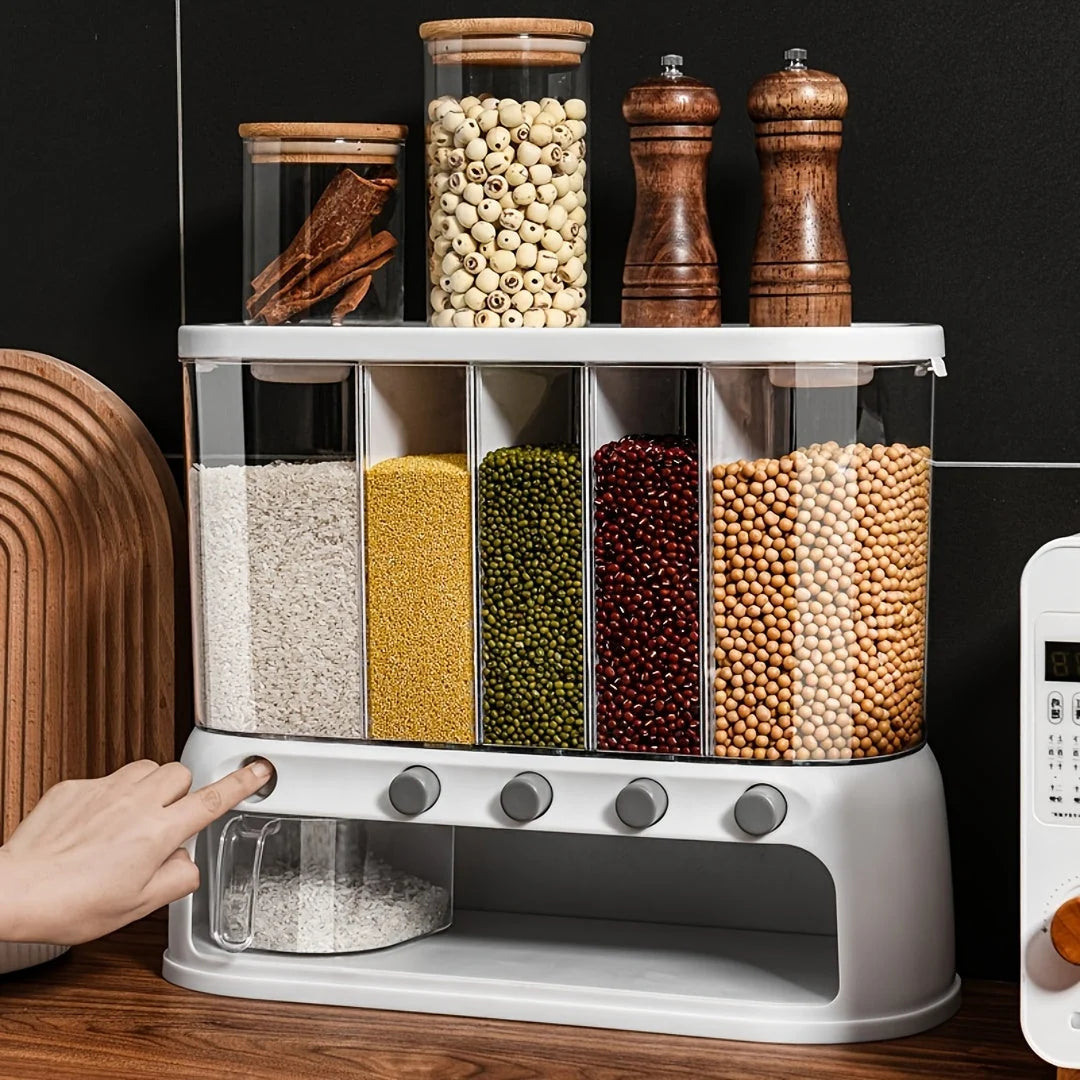 Food Storage Container | Airtight & Push-Button Dispensers | 5 Compartments