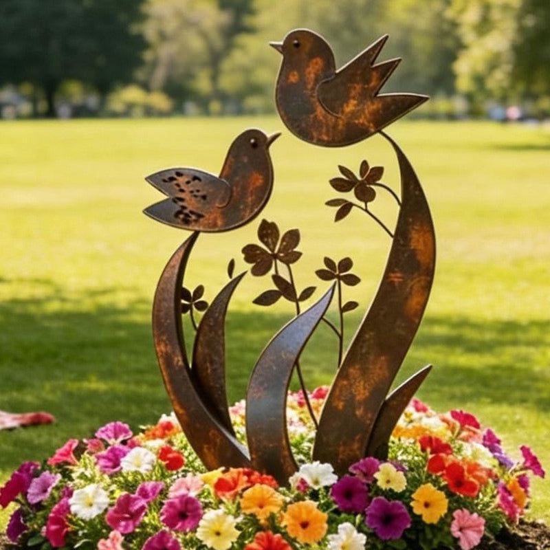 Garden Stake | Bird & Flower Silhouette | Weathered Iron Finish