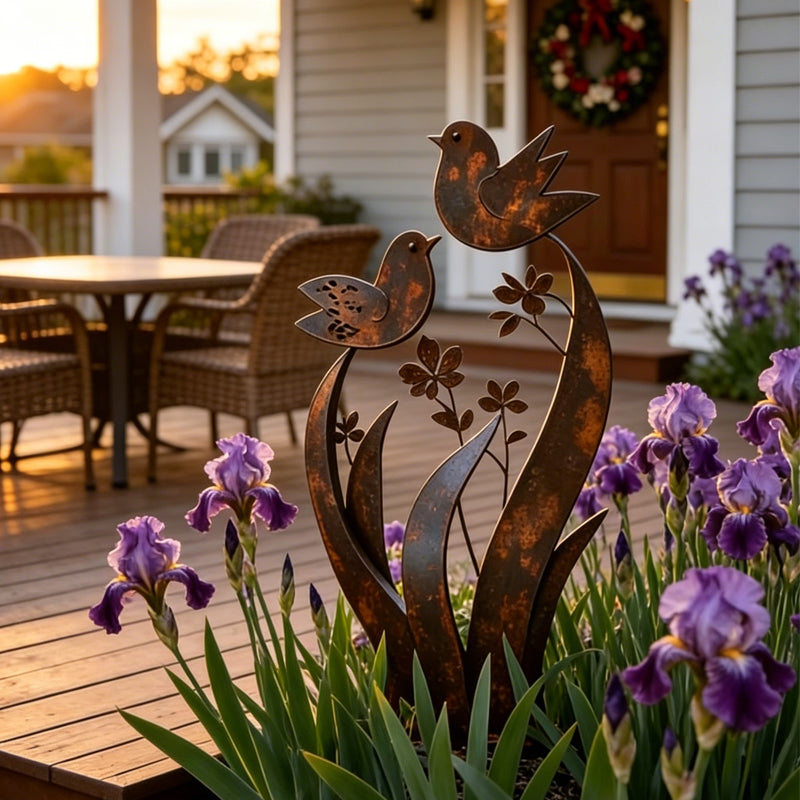 Garden Stake | Bird & Flower Silhouette | Weathered Iron Finish